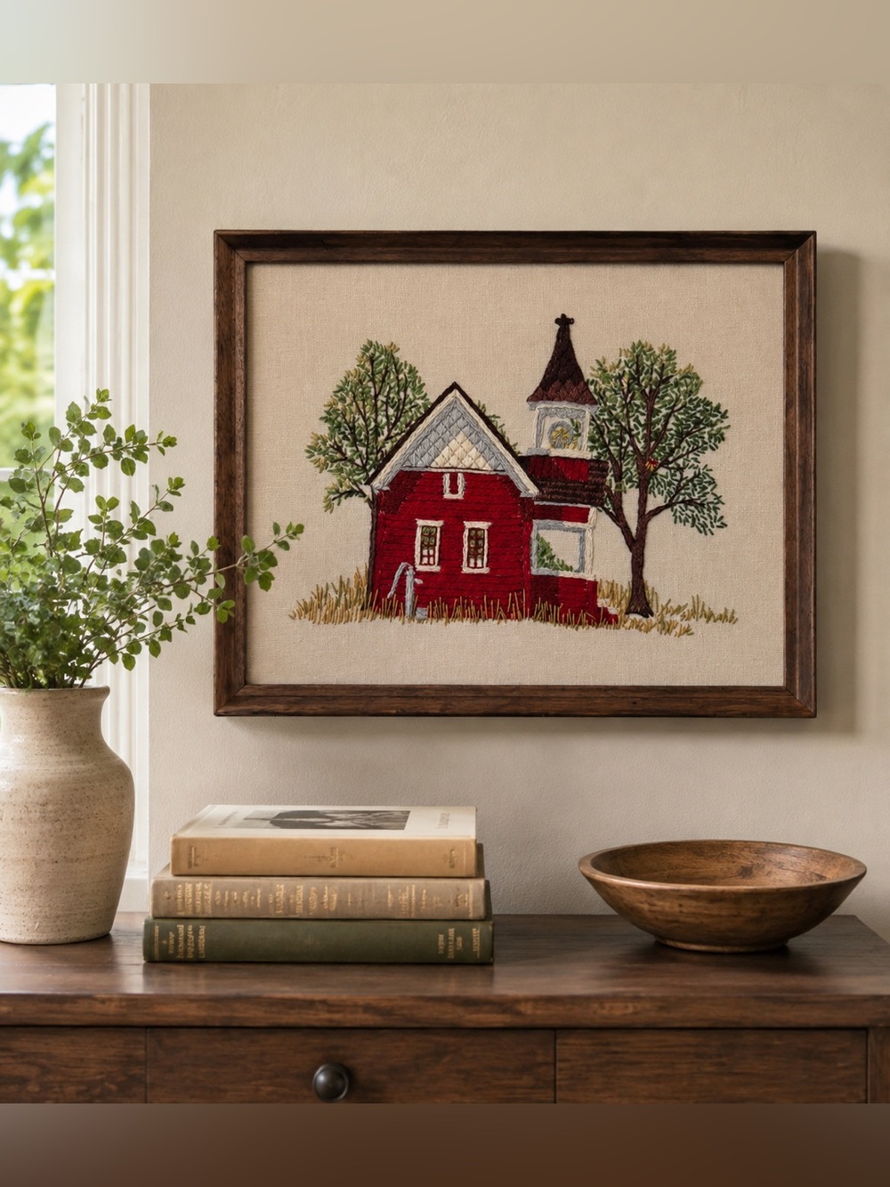 Vintage 1970s crewel embroidery "The Little Red Schoolhouse"